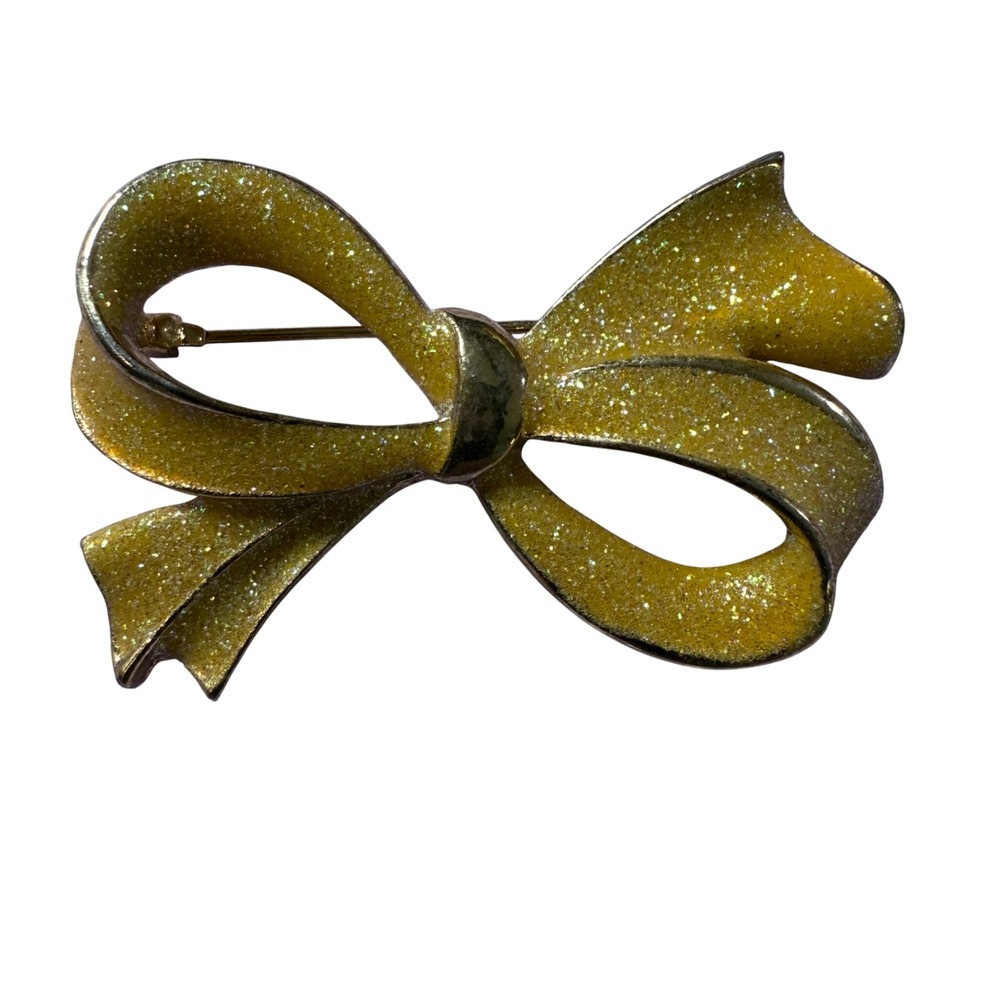 Gold Glitter‎ Bow Brooch Pin Sparkly Holiday Party Costume Jewelry